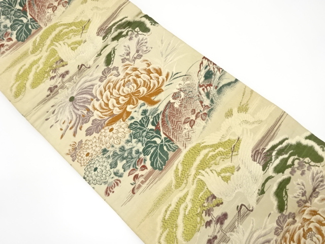 JAPANESE KIMONO / ANTIQUE MARU OBI / WOVEN CRANE WITH KIKU & PINE